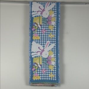 Easter Bunny Tulip Pattern Tapestry Table Runner Blue Plaid Chicks Cottagecore